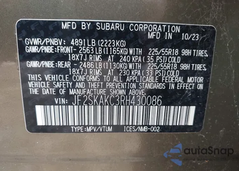 2024 Subaru Forester Limited из США, поврежденный, VIN JF2SKAKC3RH430086